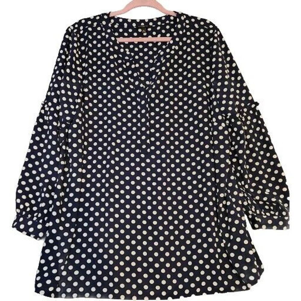 Talbots Plus Navy Blue White‎ Polka Dot Blouse Top Size 2X Ruffle Sleeve EUC